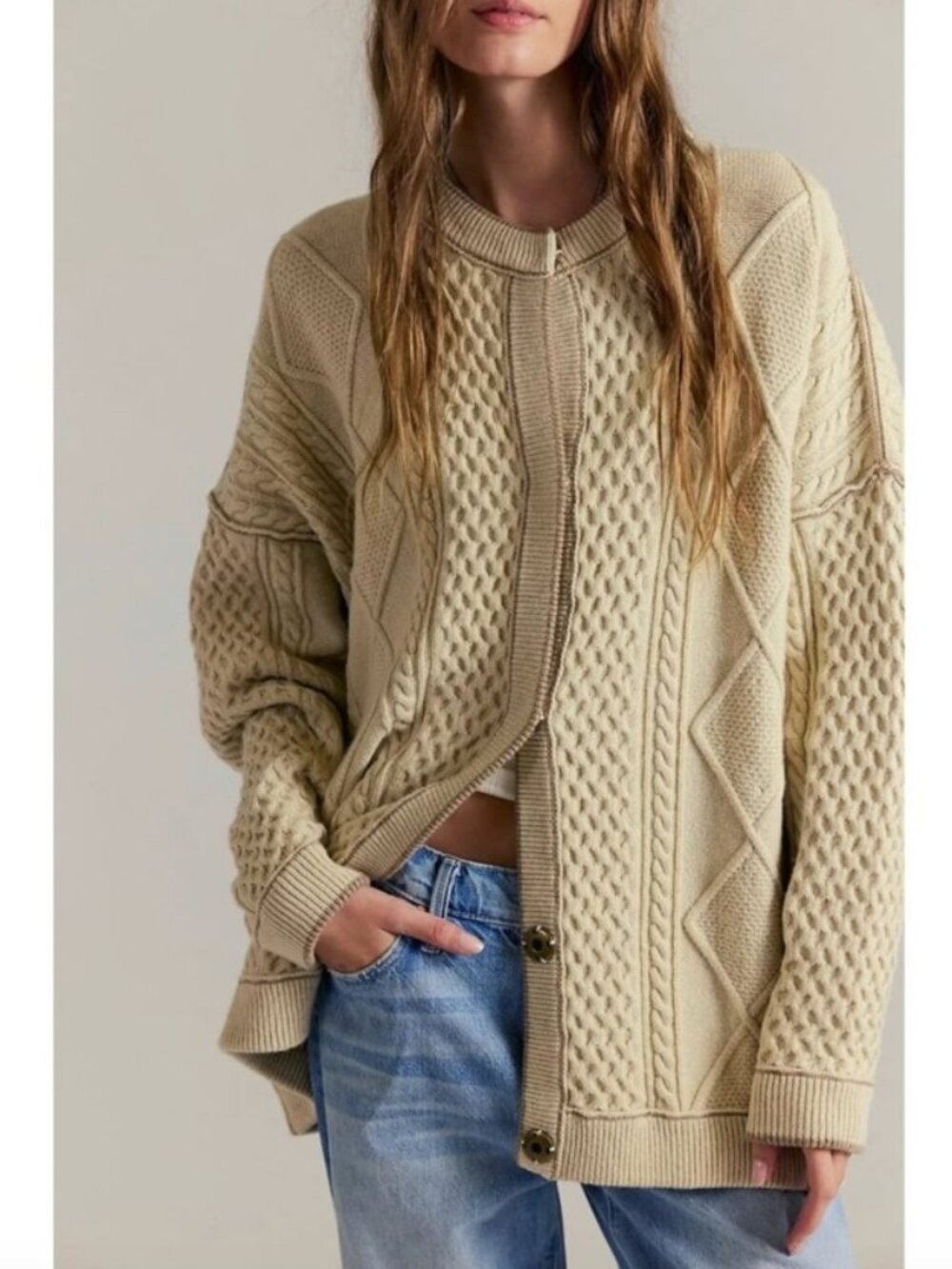 Free People We The Free Tennessee Cable Knit Cardigan Ivory Pockets XL - Picture 1 of 11